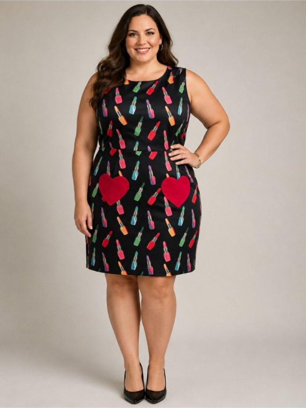 Lindy Bop Retro Lipstick Pattern Black Satin Dress Size 14 NWT